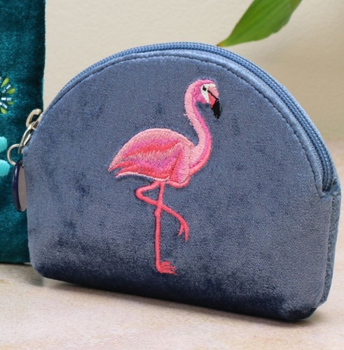 Dusky Blue Velvet Flamingo D Shape Coin Purse by Peace of Mind